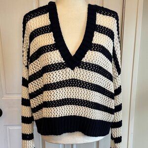 aerie offline | cream and navy stripe open knit sweater | size medium